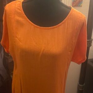 Bright Orange Short Sleeve Summer Linen Dress Mid Length Depending on Height